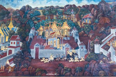 Affresco che raffigura scene del Ramayana al Wat Phra Kaeo, il Palazzo Reale, Bangkok, Thailandia da Thai School
