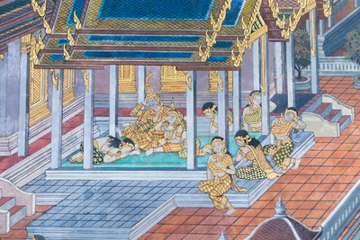 Affresco che raffigura scene del Ramayana al Wat Phra Kaeo, il Palazzo Reale, Bangkok, Thailandia da Thai School