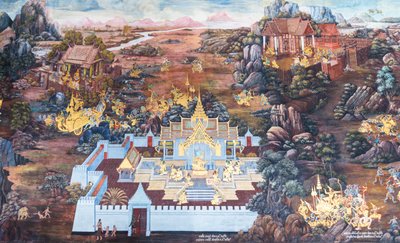 Affresco che raffigura scene del Ramayana al Wat Phra Kaeo, il Palazzo Reale, Bangkok, Thailandia da Thai School