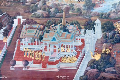 Affresco che raffigura scene del Ramayana al Wat Phra Kaeo, il Palazzo Reale, Bangkok, Thailandia da Thai School