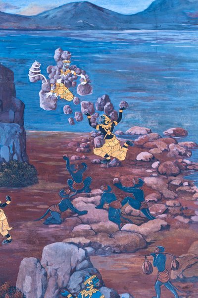 Affresco che raffigura scene del Ramayana al Wat Phra Kaeo, il Palazzo Reale, Bangkok, Thailandia da Thai School