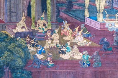 Affresco che raffigura scene del Ramayana al Wat Phra Kaeo, il Palazzo Reale, Bangkok, Thailandia da Thai School
