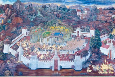 Murale che raffigura scene del Ramayana al Wat Phra Kaeo, il Palazzo Reale, Bangkok, Thailandia da Thai School
