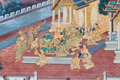 Murale che raffigura scene del Ramayana al Wat Phra Kaeo, il Palazzo Reale, Bangkok, Thailandia da Thai School