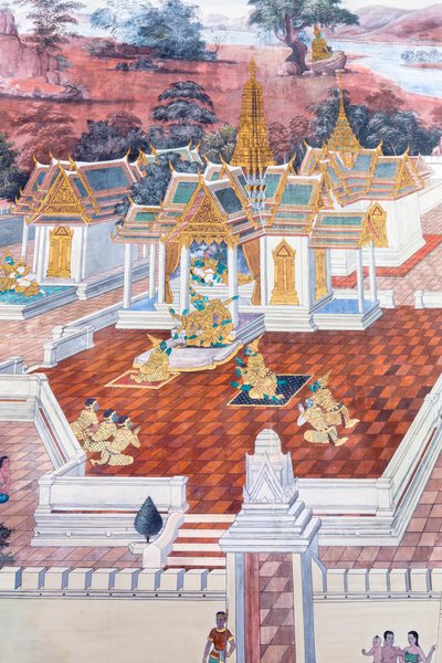 Murale che raffigura scene del Ramayana al Wat Phra Kaeo, il Palazzo Reale, Bangkok, Thailandia da Thai School