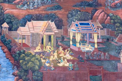 Murale che raffigura scene del Ramayana al Wat Phra Kaeo, il Palazzo Reale, Bangkok, Thailandia da Thai School