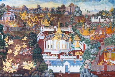 Murale che raffigura scene del Ramayana al Wat Phra Kaeo, il Palazzo Reale, Bangkok, Thailandia da Thai School