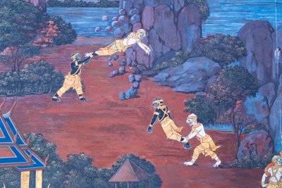 Murale che raffigura scene del Ramayana al Wat Phra Kaeo, il Palazzo Reale, Bangkok, Thailandia da Thai School