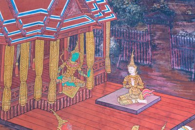 Murale che raffigura scene del Ramayana al Wat Phra Kaeo, il Palazzo Reale, Bangkok, Thailandia da Thai School