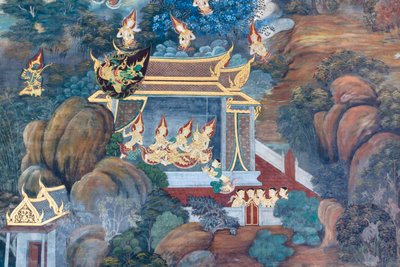 Murale che raffigura scene del Ramayana al Wat Phra Kaeo, il Palazzo Reale, Bangkok, Thailandia da Thai School