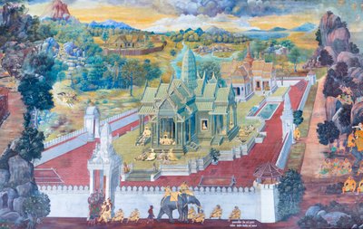 Murale che raffigura scene del Ramayana al Wat Phra Kaeo, il Palazzo Reale, Bangkok, Thailandia da Thai School