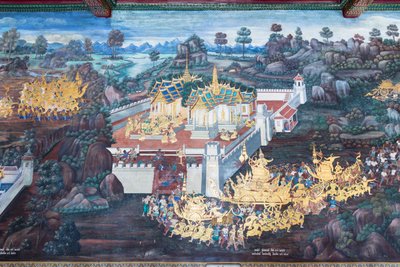 Murale che raffigura scene del Ramayana al Wat Phra Kaeo, il Palazzo Reale, Bangkok, Thailandia da Thai School