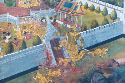 Murale che raffigura scene del Ramayana al Wat Phra Kaeo, il Palazzo Reale, Bangkok, Thailandia da Thai School