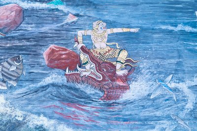 Murale che raffigura scene del Ramayana al Wat Phra Kaeo, il Palazzo Reale, Bangkok, Thailandia da Thai School