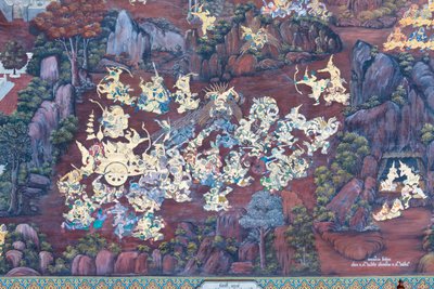 Murale che raffigura scene del Ramayana al Wat Phra Kaeo, il Palazzo Reale, Bangkok, Thailandia da Thai School
