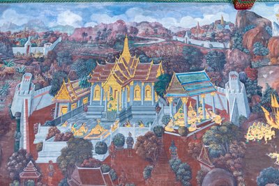 Murale che raffigura scene del Ramayana al Wat Phra Kaeo, il Palazzo Reale, Bangkok, Thailandia da Thai School