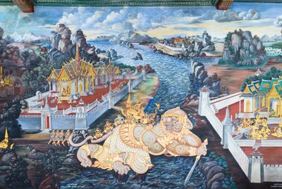 Murale che raffigura scene del Ramayana al Wat Phra Kaeo, il Palazzo Reale, Bangkok, Thailandia da Thai School