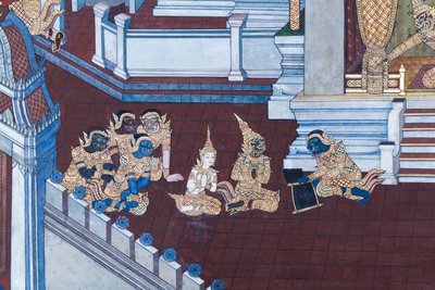 Murale che raffigura scene del Ramayana al Wat Phra Kaeo, il Palazzo Reale, Bangkok, Thailandia da Thai School