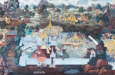 Murale che raffigura scene del Ramayana a Wat Phra Kaeo, il Palazzo Reale, Bangkok, Thailandia da Thai School