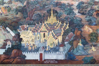 Murale che raffigura scene del Ramayana a Wat Phra Kaeo, il Palazzo Reale, Bangkok, Thailandia da Thai School