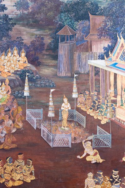 Murale che raffigura scene del Ramayana a Wat Phra Kaeo, il Palazzo Reale, Bangkok, Thailandia da Thai School