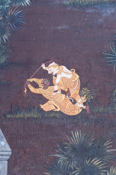 Murale che raffigura scene del Ramayana a Wat Phra Kaeo, il Palazzo Reale, Bangkok, Thailandia da Thai School