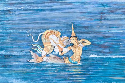 Murale che raffigura scene del Ramayana a Wat Phra Kaeo, il Palazzo Reale, Bangkok, Thailandia da Thai School