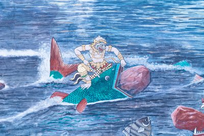 Murale che raffigura scene del Ramayana a Wat Phra Kaeo, il Palazzo Reale, Bangkok, Thailandia da Thai School