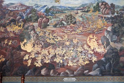 Murali che raffigurano scene del Ramakian al Wat Phra Kaeo, il Palazzo Reale, Bangkok, Thailandia da Thai School