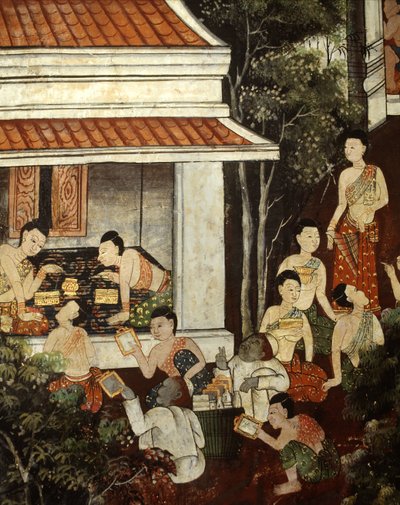 Donne di palazzo che comprano gioielli e specchi da mercanti musulmani, stile Rattanakosin da Thai School