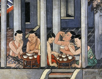 Persone che mangiano a tavoli rotondi bassi chiamati Kantoke, metà XIX secolo da Thai School