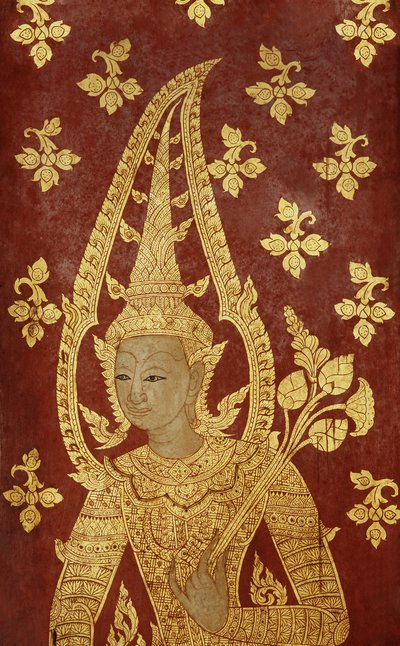 Pannello di porta in stile Rattanakosin con immagine di una divinità, c.1860 da Thai School