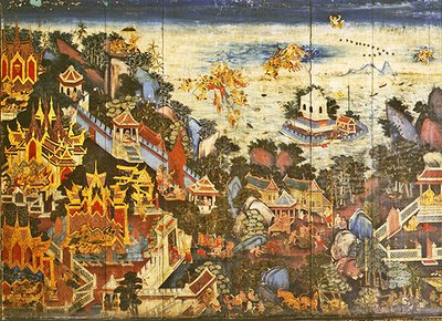 Pannello posteriore di un armadio che raffigura una scena del Ramakien da Thai School