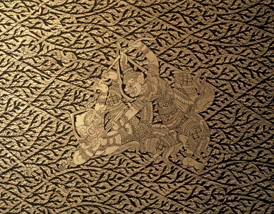 ARTE THAI: Un episodio del "Ramayana" con decorazione Kra Nak. Custodia per libri, Bangkok St... da Thai School