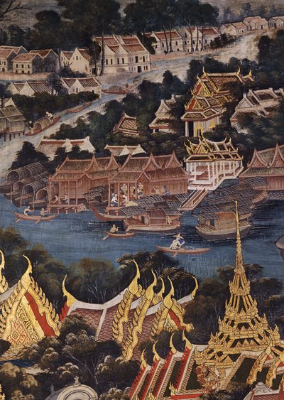 Veduta del Palazzo Reale di Bangkok, il fiume Chao Phraya e Tonburi, con case di legno tailandesi e abitazioni cinesi in mattoni e stucco da Thai School