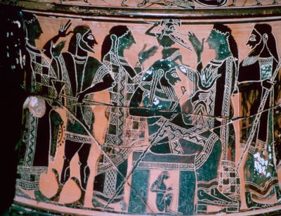 Anfora a collo nero raffigurante la nascita di Atena, Attica, Grecia da The Antimenes Painter