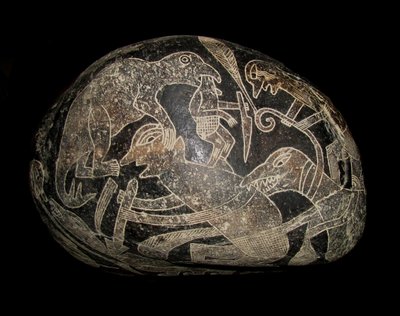 La pietra di Ica. Un dinosauro che uccide un uomo da The Ica stones.