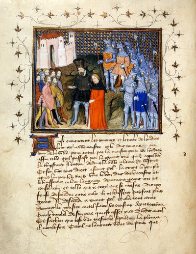 Re Riccardo II, condotto prigioniero da Enrico Bolingbroke a Londra, rinuncia al trono; bordo decorato con testo sotto. da The Virgil Master