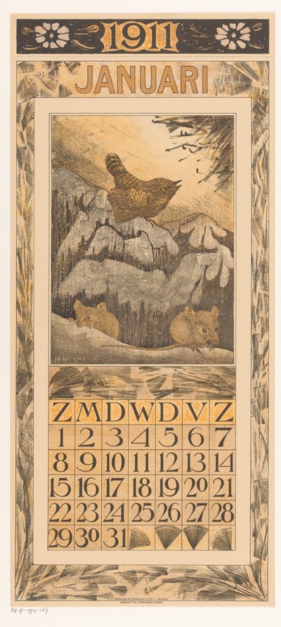 Pagina di calendario di gennaio con scricciolo e topi (Kalender 1911 12 lithografien door Th. v. Hoytema) da Theo van Hoytema