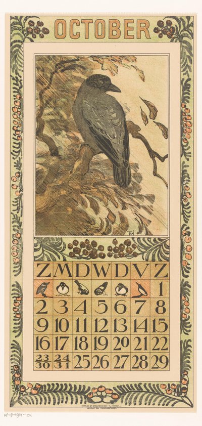 Pagina del calendario di ottobre con cornacchia variopinta (Kalender 1910 12 lithografien door Th. v. Hoytema) da Theo van Hoytema