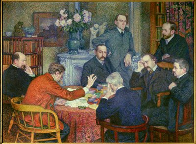 La lettura (1903), messa in scena attorno a Emile Verhaeren (1855-1916), poeta socialista belga, pittore Cross, scrittori Maurice Maeterlinck, Andre Gide e Francis Viele-Griffin, biologo Henri Gheon, medico Felix Le Dantec e Felix Feneon che fuma una sigar da Théo van Rysselberghe