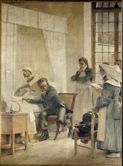 René Laennec che esamina un phtico davanti ai suoi studenti. René-Théophile-Hyacinthe Laennec (1781-1826), medico francese, inventore del 