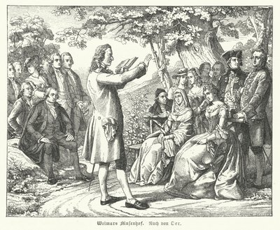 La Corte delle Muse di Weimar: il poeta e drammaturgo tedesco Friedrich Schiller legge a Schloss Tiefurt, con Christoph Martin Wieland, Johann Wolfgang Goethe e Johann Gottfried Herder tra gli ascoltatori da Theobald Reinhold von Oer