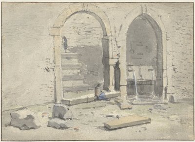 Fontana contro un muro cittadino, con una scala costruita da Theodoor Wilkens
