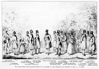 Il re Federico Guglielmo III di Prussia incontra diplomatici, soldati e uomini di cultura nella città termale di Teplitz nel 1833 da Theodor Hosemann