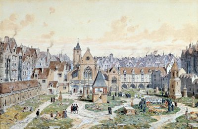 Veduta del cimitero degli Innocenti a Parigi nel 1550 da Theodor Josef Hubert Hoffbauer