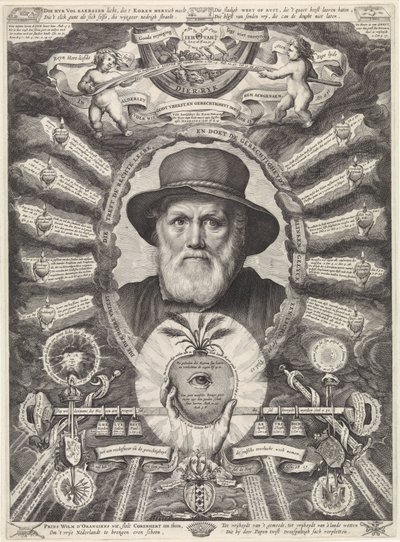 Ritratto di Dirck Volckertsz. Coornhert in cornice allegorica da Theodor Matham