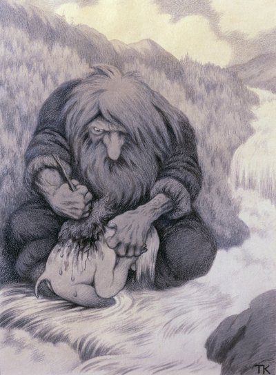 Il troll che lava il suo bambino da Theodor Kittelsen