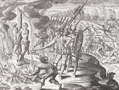 Esecuzione di due indiani Payagua accusati di aver ucciso Juan de Ayolas (†1537) da "Newe Welt und Americanische Historien" di Johann Ludwig Gottfried, pubblicato da Mattaeus Merian, Francoforte. da Theodor de (after) Bry