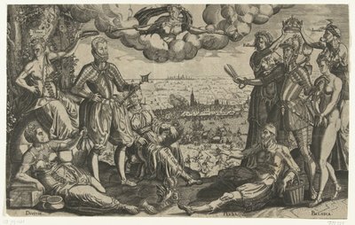 Confronto tra Orange e Alva, con sullo sfondo la Furia Spagnola, ca. 1577 da Theodor de Bry (attributed to)